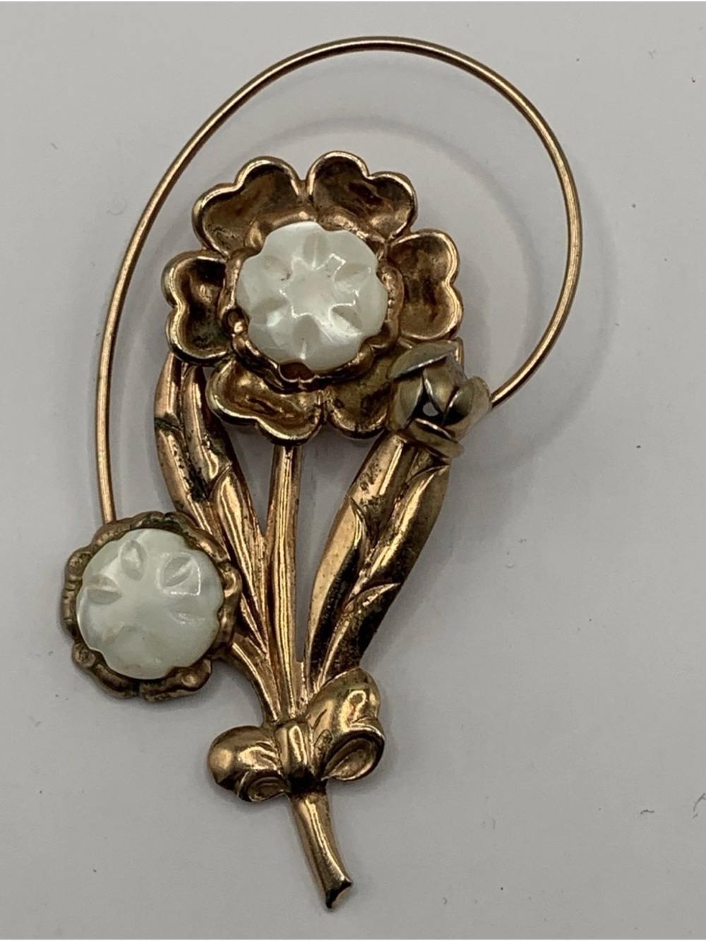 Vintage Copper-Tone Floral Brooch with White Acrylic Centers